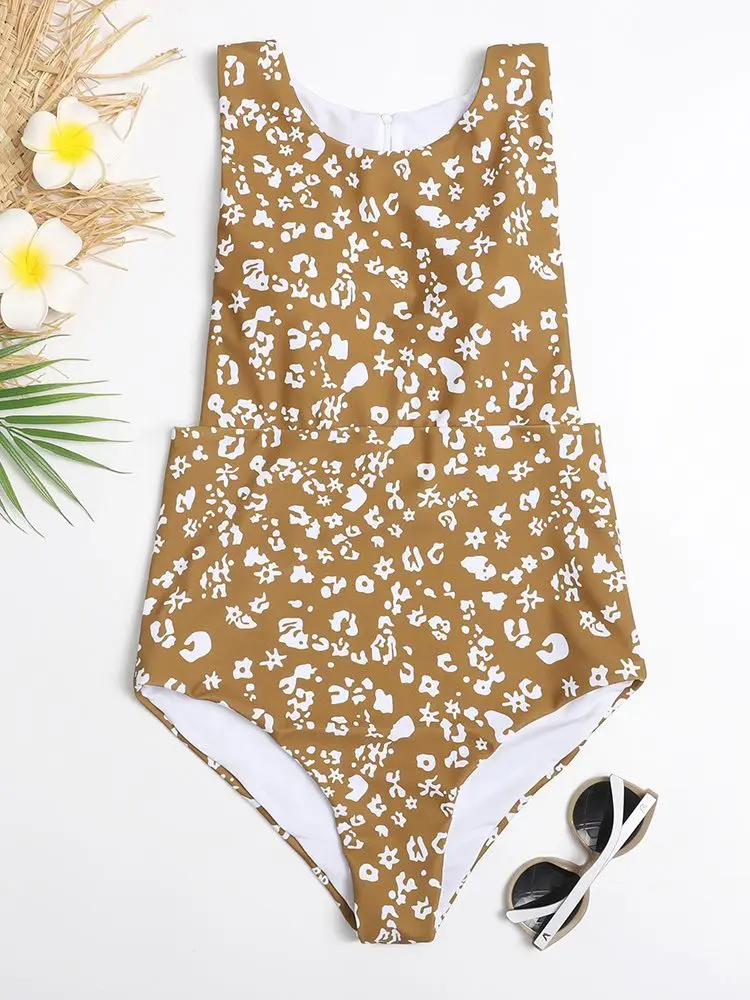 Vintage Retro One Piece Swimsuit Female Print Swimwear Women Zipper Bathing Suits Summer Beach Wear Bather Monokini Swim