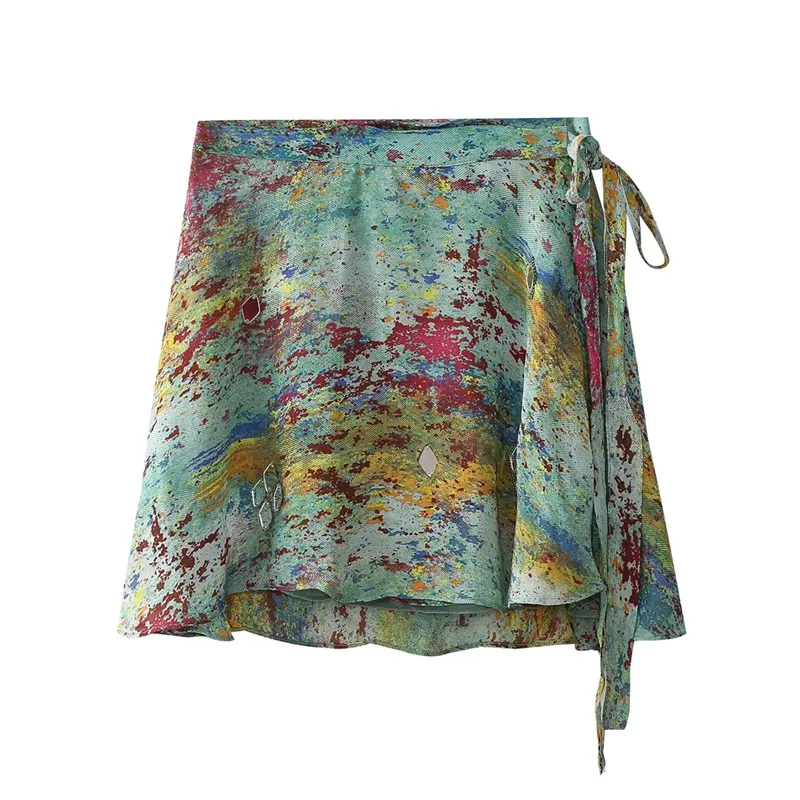 TRAF Vintage Print Short Skirt Woman Tied High Waist Mini Skirt For Women Fashion Mirror Appliques Summer Women\'s Skirts Sets