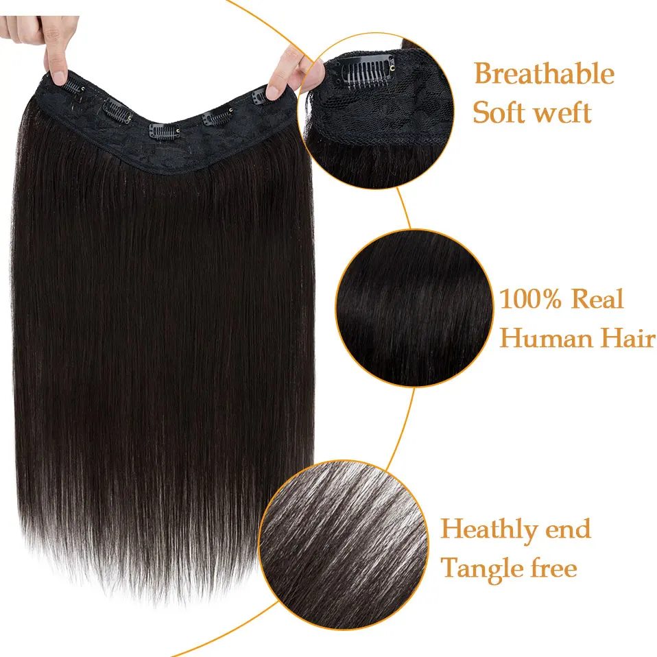 V Shape One Piece Clip In Hair Extensions Human Hair Hairpiece Clip in Seamless Weft Silky Straight For Women