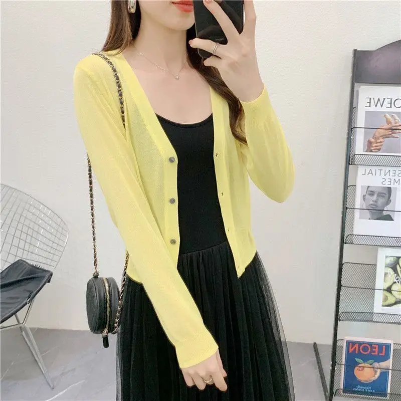 Spring/Summer Ice Linen Knitted Split Sleeve Cardigan Women's Versatile Office Air Conditioning Shirt Fashion Sunscreen Top