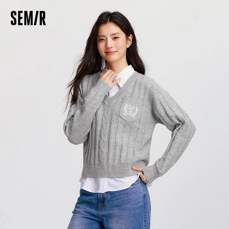 Semir Sweater Women V-Neck Cable Knit Sweater Sleeveless Shirt 2024 New Winter Loose Two-Piece Set 2