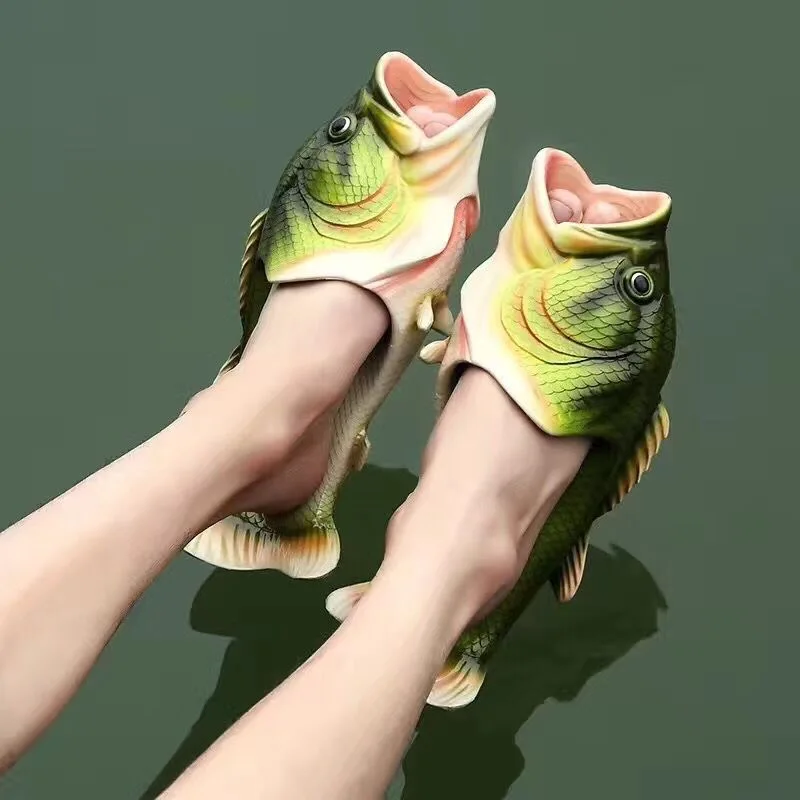 

Open Toe Funny Male's Footwear Women's Fish Slippers Outdoor Couples Family Cartoon Animal Flip flops Plus Size 46 47 Man Shoes