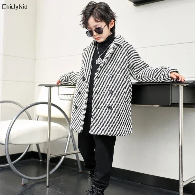 Boys Winter & Fall Chesterfield Coat Kids Black and White Striped Jacket Toddler Child Velvet Houndstooth Thick Woolen Overcoat