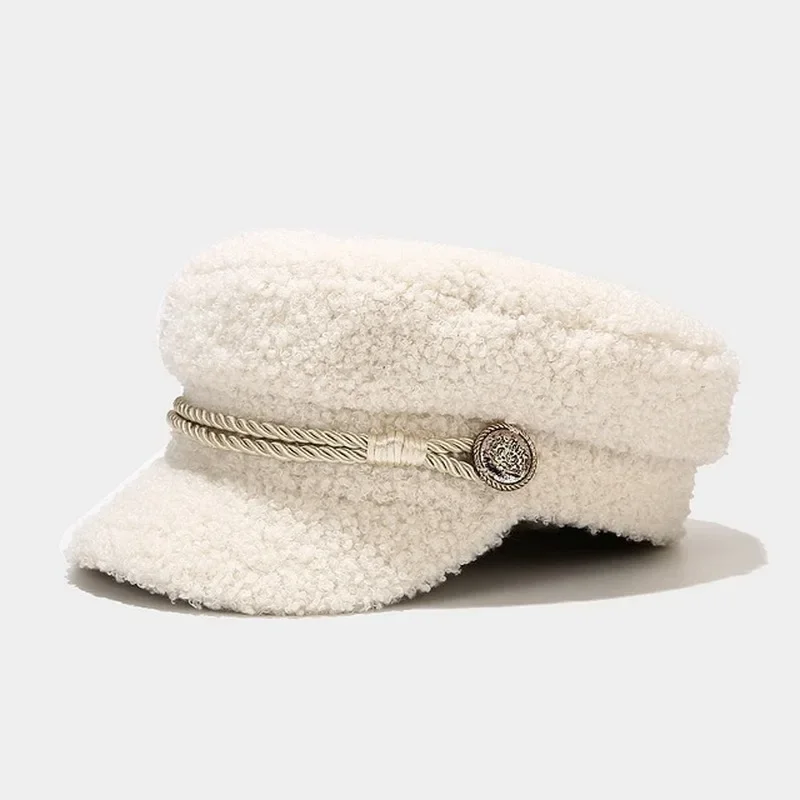 Fashion Lambswool Newsboy Cap Ladies Casual Keep Warm Flat Top Hat Female Autumn Winter Military Cap Women