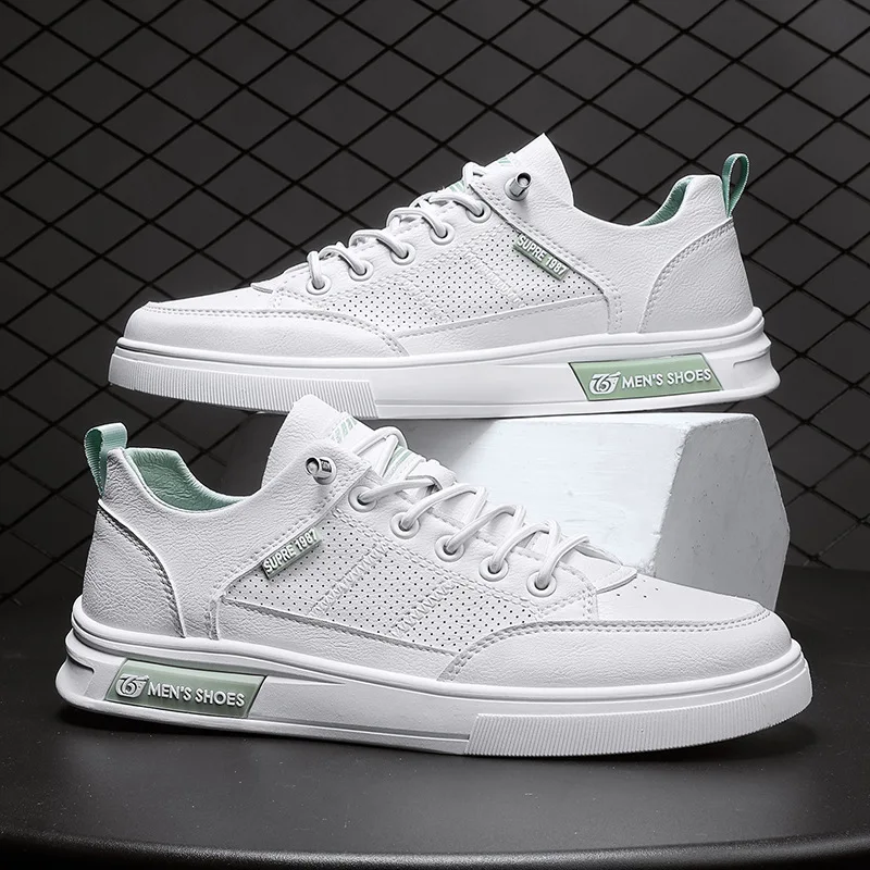 

Мужские кожаные кроссовки, белые дышащие кроссовки на плоской подошве, повседневная обувь для скейтборда, уличная мода, лето 2024