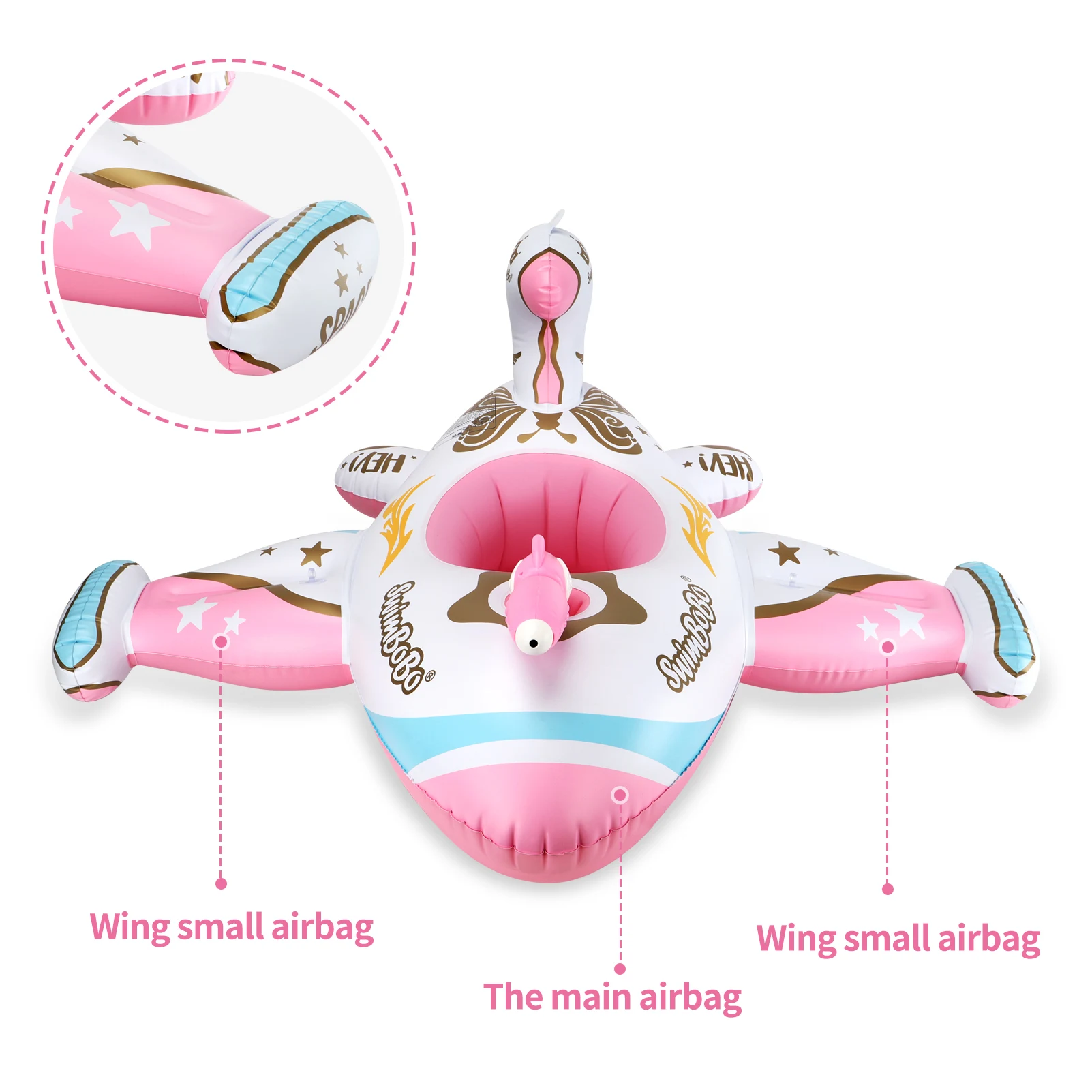 Swimbobo Pink Outdoor Summer Water Gun Play Plane Inflatable Kids Seat Float Baby Swim Ring for Children With Canopy 3