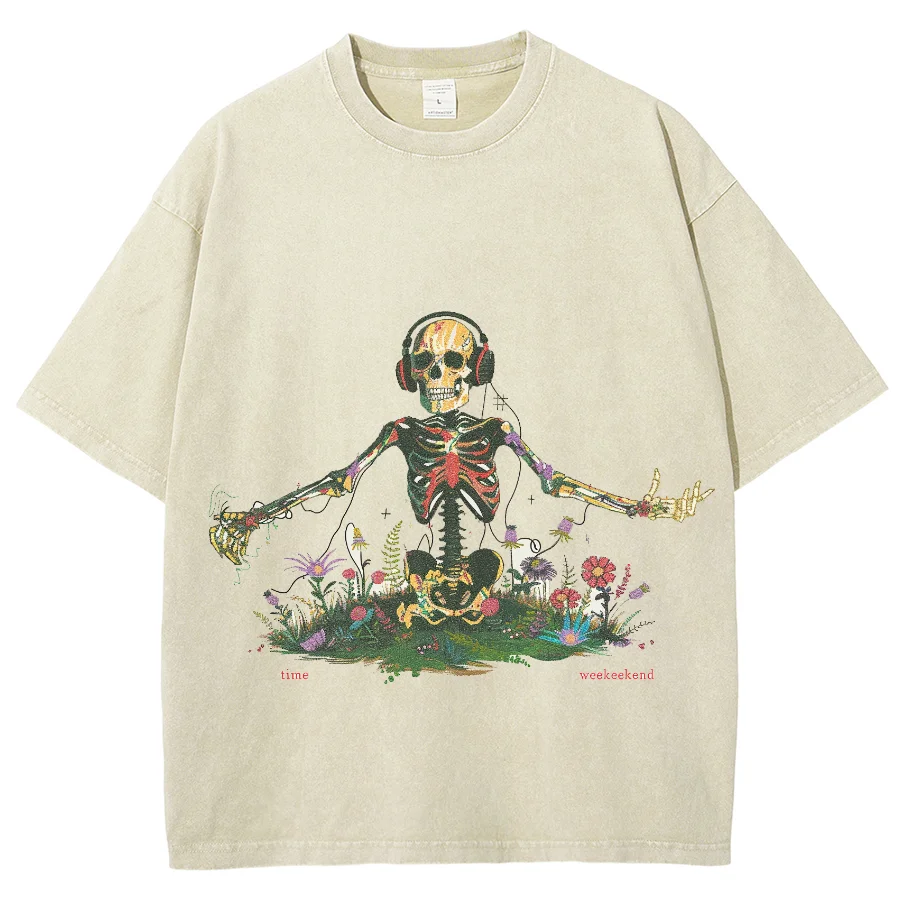 

Washed Tshirt, Cartoon Skull Weekend Time Earphone Music, Y2K Hiphop Top, Oversized Streetwear Washed Short Tshirt For Men Women