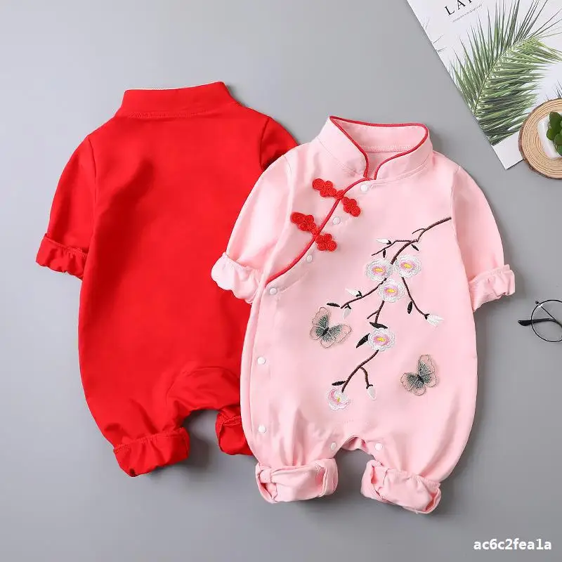 Chinese Traditional Jumpsuit For Girls Newborn Baby butterfly Hanfu Red Tang Suit Romper Chinese New Year Outfits Birthday 4