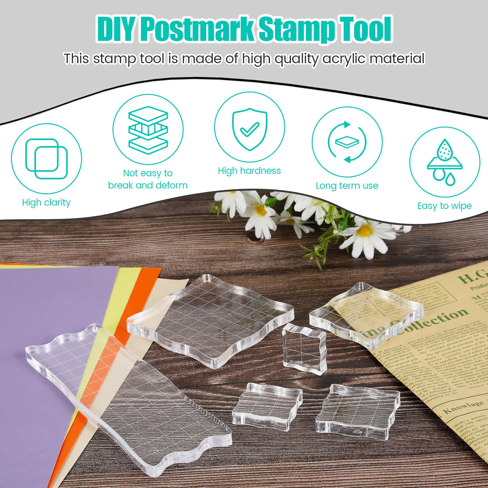 Acrylic Stamp Blocks 6Pcs with Grid Lines Clear Reusable Smooth Stamping Block acrylic stamp block