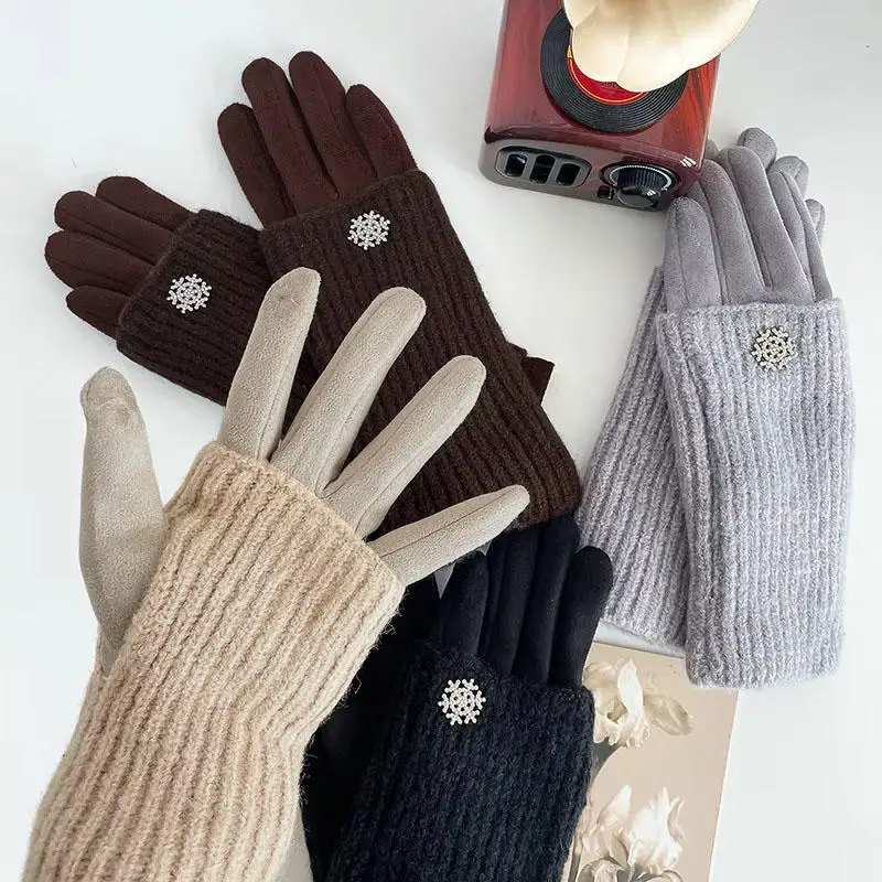 Women's Snowflake Knit Warm Gloves Stylish Thickened Wool Student Cycling Touchscreen Split-Finger Thermal Gloves