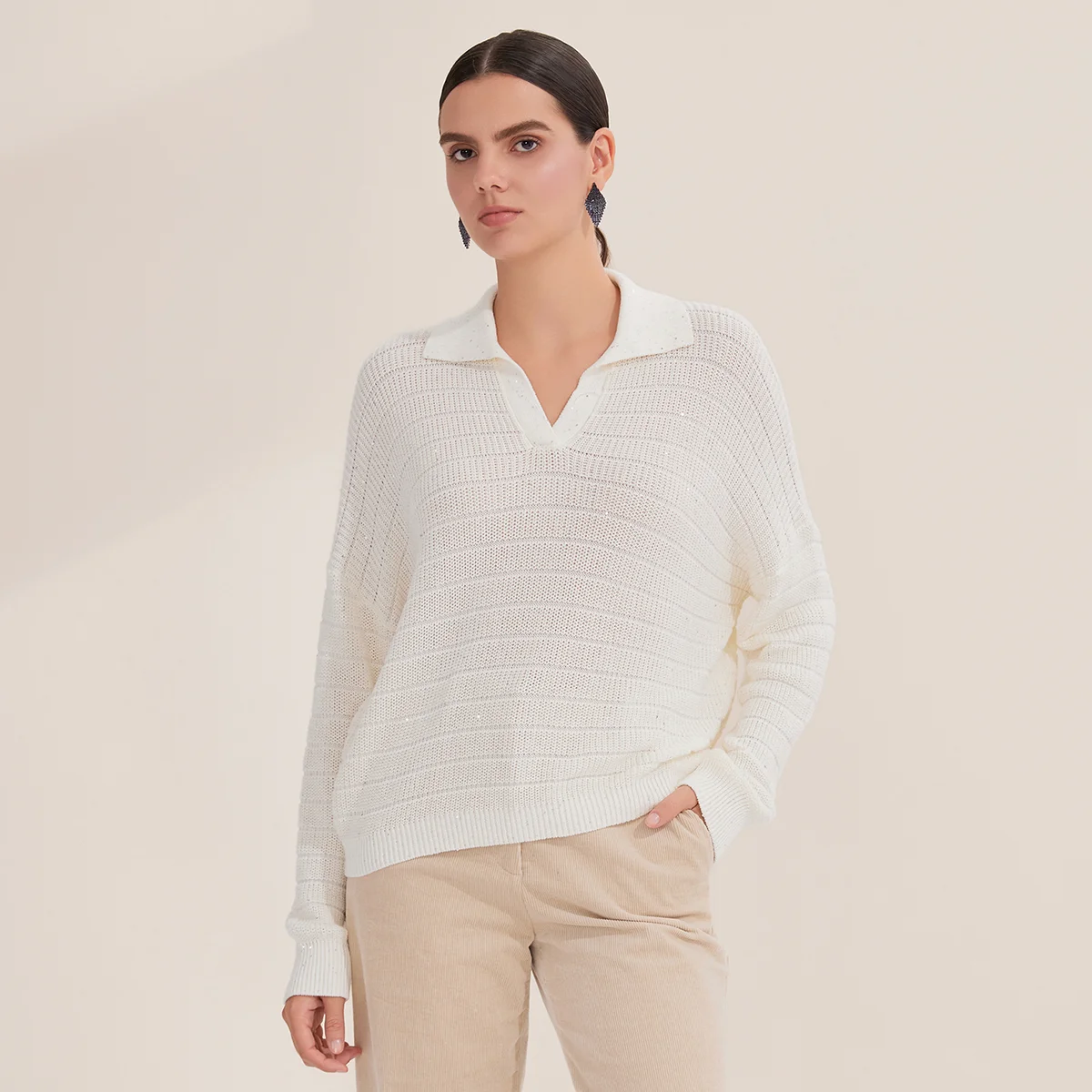 BY4521234 V-Neck Knit Sweater for Women Long Sleeve Collared Pullover V-Neck Fall, 100% Cotton
