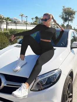 Ensemble de yoga 2 pièces sans couture pour femmes, vêtements de sport, survêtement à manches longues, haut court, leggings taille haute pour fitness