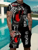 Newest Summer Men's Beach Shorts Set 3D Fierce beast Tiger Print Short Sleeve T-shirts+Shorts 2 Pcs Set Oversized Tracksuit Suit 2