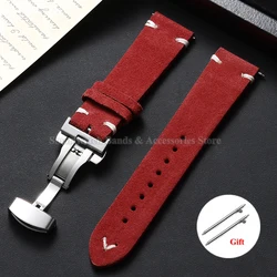 Premium Suede Cowhide Leather Watch Strap with Folding Buckle and Quick Release - 22mm (RedWhite - Silver)