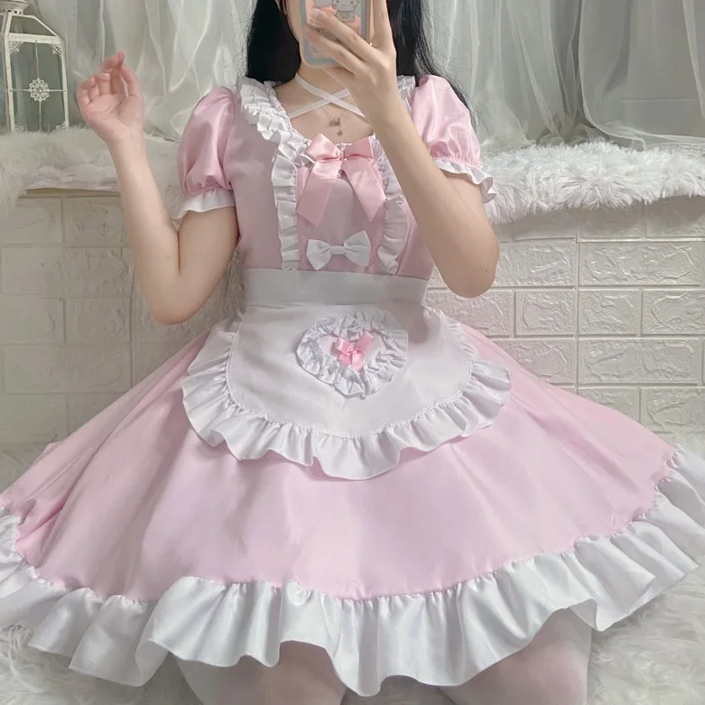 S-2XL Anime Lolita Dress Cafe Costumes Pink Maid Dress Lolita Sets Cosplay Maid Restaurant Cute Girl Kawaii Outfit