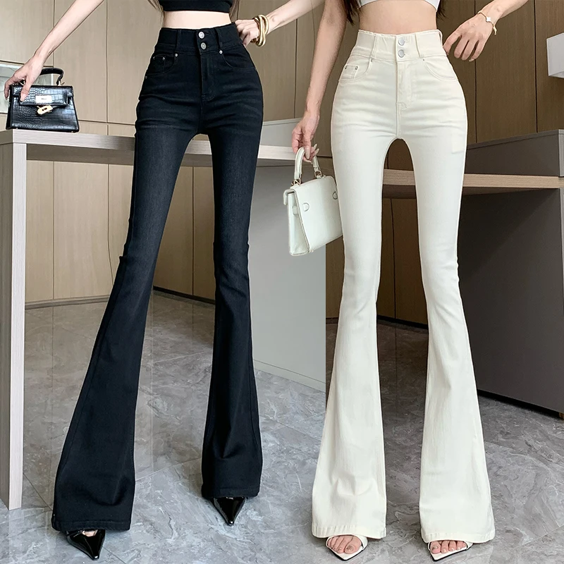 High Waist Flared Jeans Women's Bla Double Bule Long Pants Spring Autumn High Waist Stretchy Floor-Length Trousers