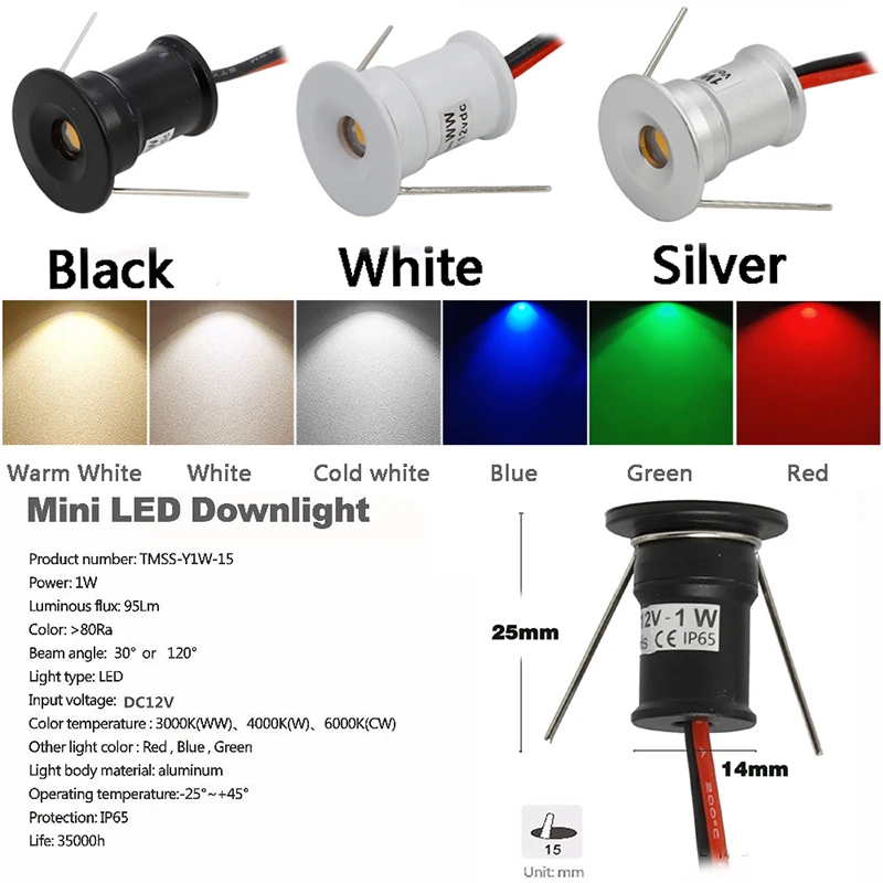 LED Downlight IP65 Mini Spot Leds 1W 12V Dimmable Ambient Spot Lamp Recessed Downlight for Ceiling Bedroom Stair Cabinet
