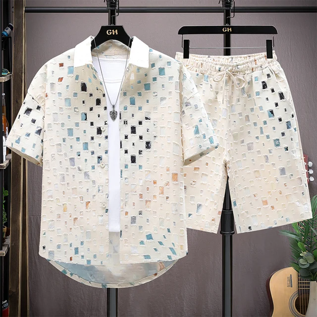 Ensemble 2 Pièces pour Homme, Survêtement, Chemise et Short, Streetwear, Harajuku, Respiré, Tenues Courtes, Été 1