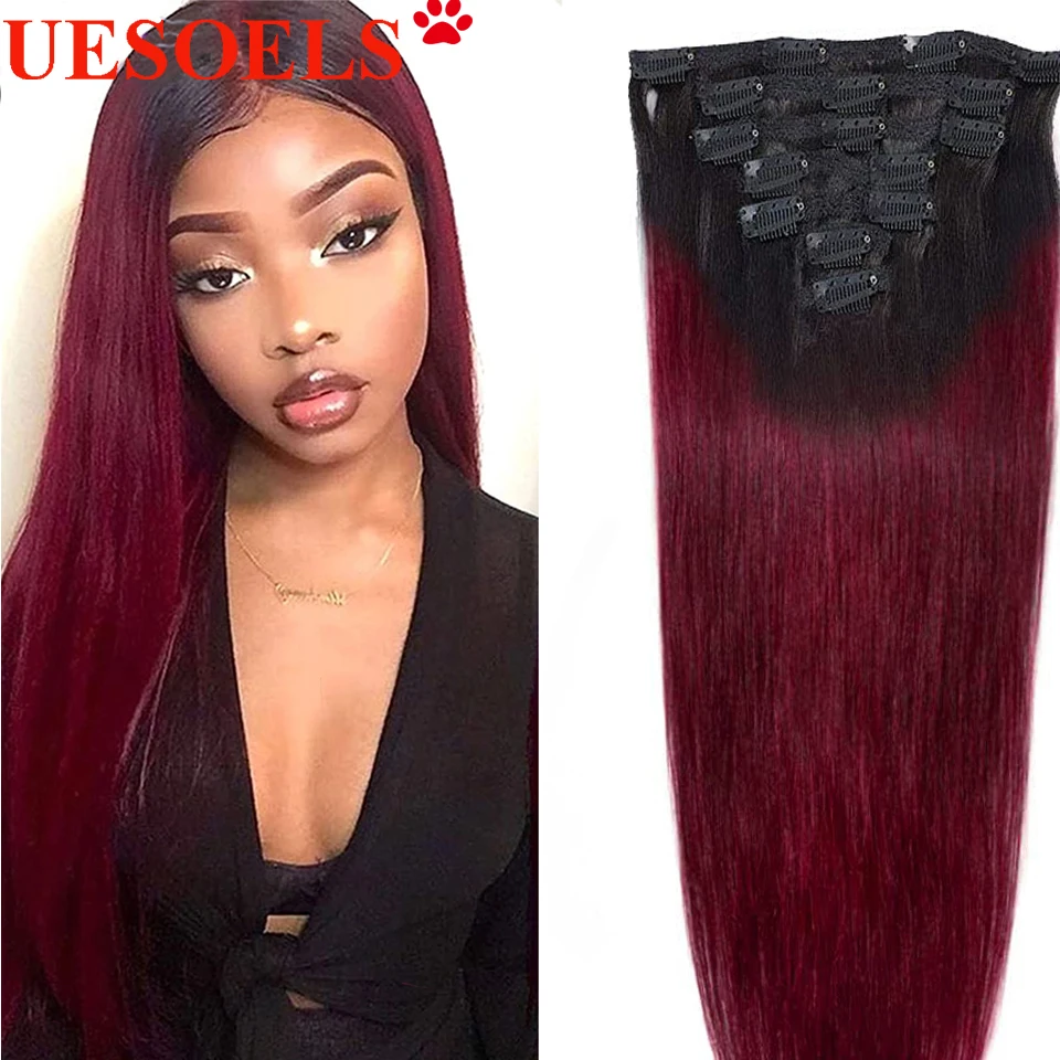 Straight Clip in Human Hair Extensions Brazilian Remy Hair Clip In For Black Women 1B/99J 1B/4/27 100% Human 8 Pcs