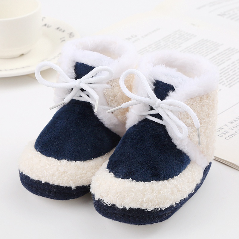 Korean Style Patchwork Plush Baby Shoes - Soft Sole, Cotton Padded, Lace-up Snow Boots for Adorable Boys and Girls 0-18M