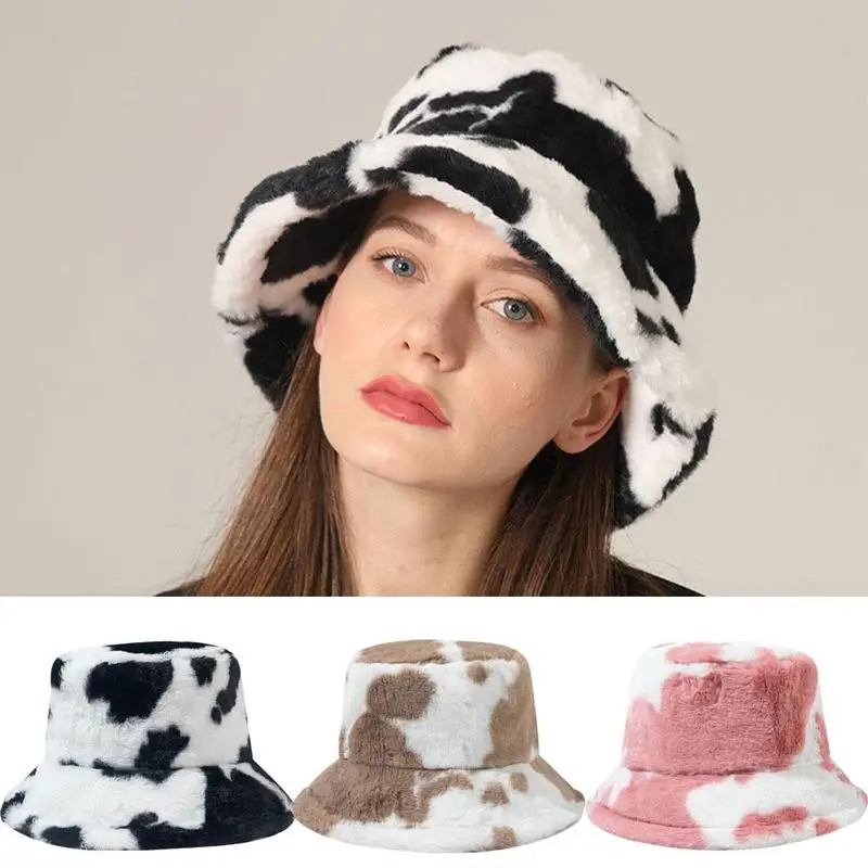 Fashion Winter Cow Print Women Bucket Hat Faux Fur Outdoor Lady Fisherman Fluffy Panama Warm Female Flat Cap Plush Furly U8k8 fisherman hat