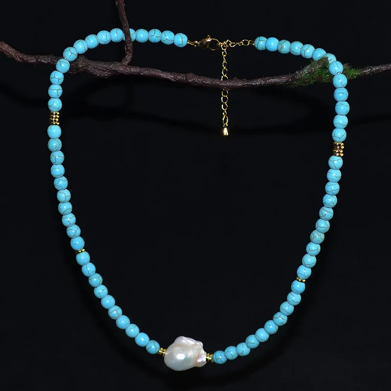 

Natural Turquoise baroque freshwater pearl necklace color natural stone clavicle chain 2024 new fashion charm handmade fine jewe