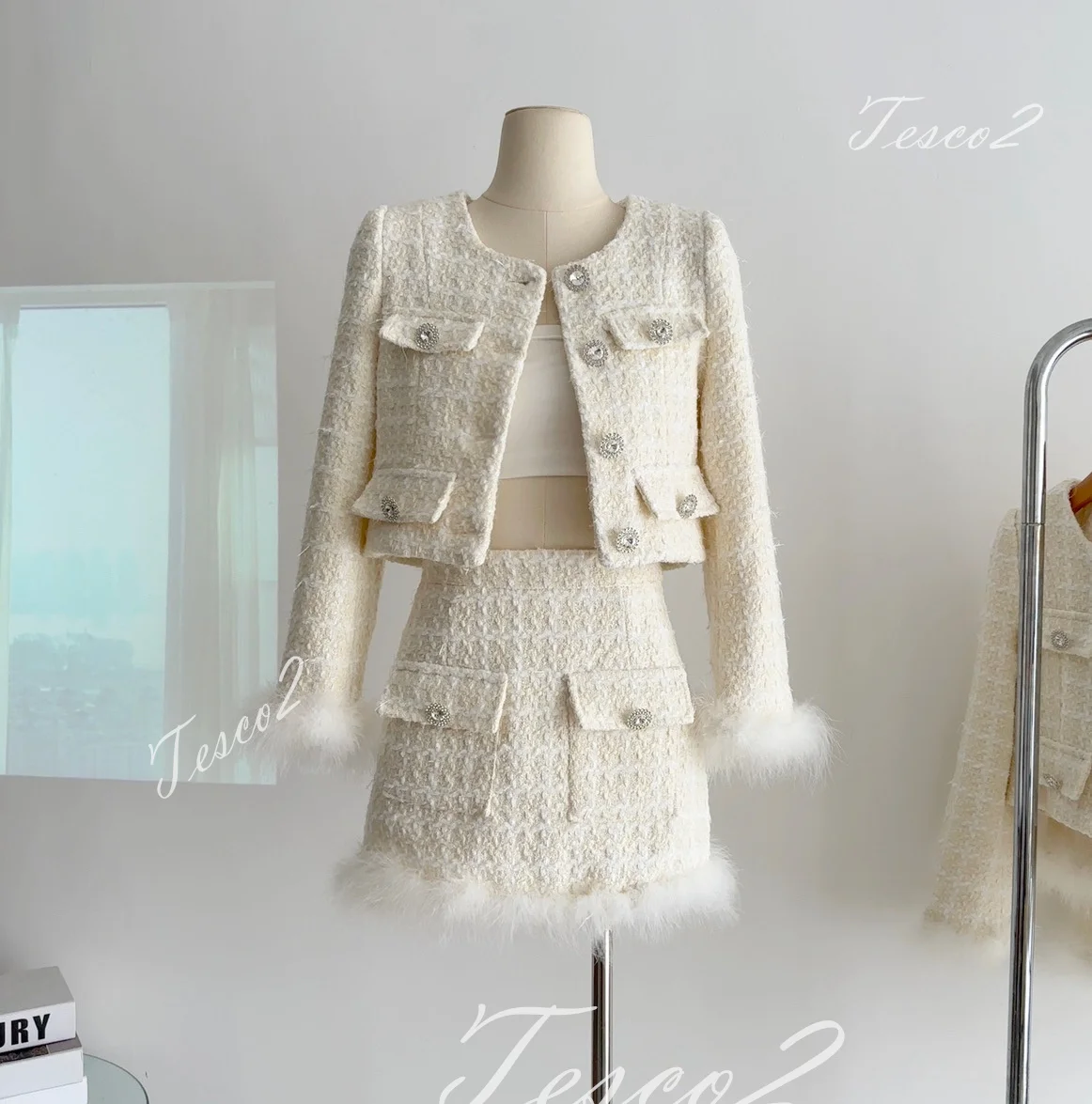 Tesco White Women Skirt Sets Short Blazer And Skirt With Feather Chic Tweed Women Suit Sets For Party For Women 2024 Spring