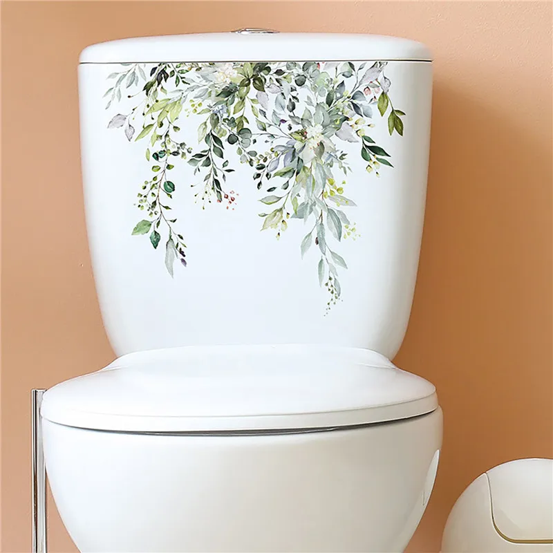Green Plant Leaves Wall Sticker Self Adhesive Waterproof Toilet Mural Sticker Flower Sea Creature Bathroom Decal Home Decoration vinyl stickers toilet stickers toilet wall stickers toilet seat stickers kitten wall stickers turtle wall stickers