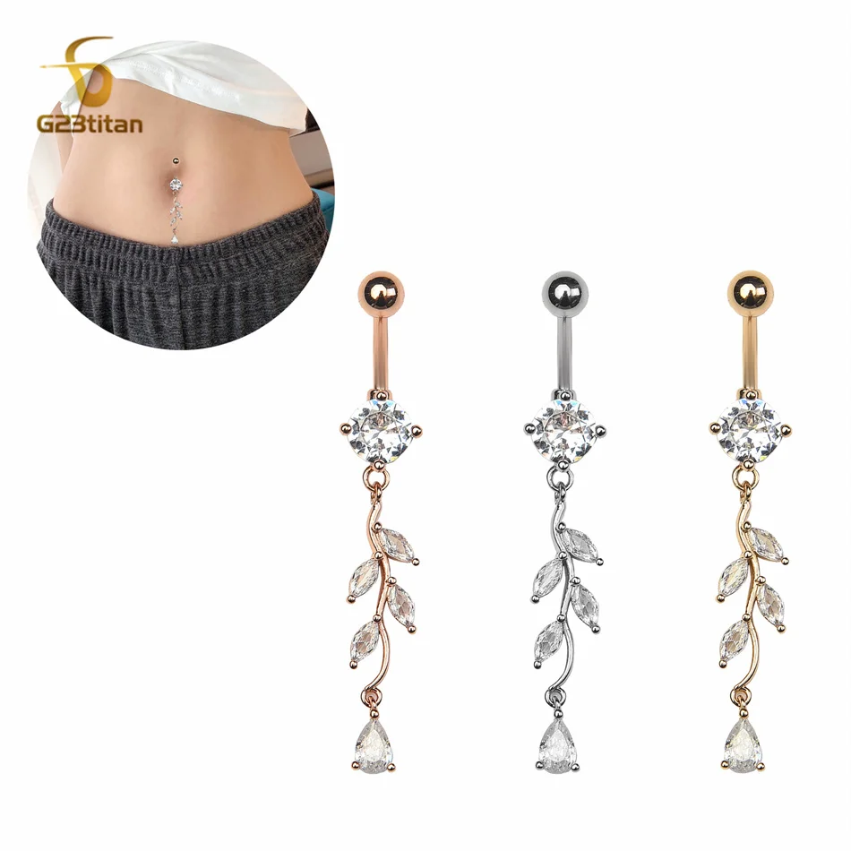 Длинные серьги-кисточки G23titan для пупка, кольцо с цирконом, подвеска в виде листа, висячие серьги из титана или стали для пупка, Женские Ювелирные изделия для пирсинга тела