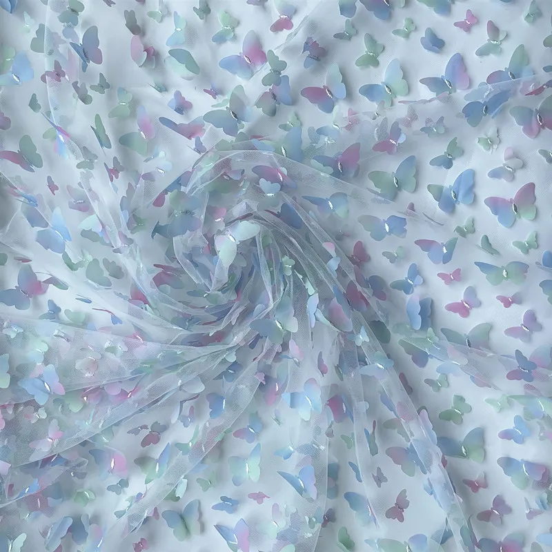 Vibrant Rainbow Butterfly 3D Applique Lace Fabric – Multicolor with Gradient Floral Design for Children's Clothing and DIY Projects