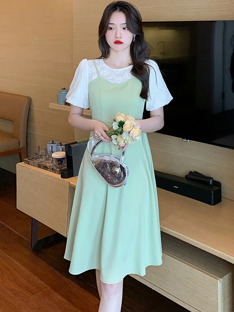 

2023 Black Patchwork Fake Two Piece Midi Dress Women Korean Vintage Hepburn Party Dress Summer Green Elegant Bodycon Home Dress