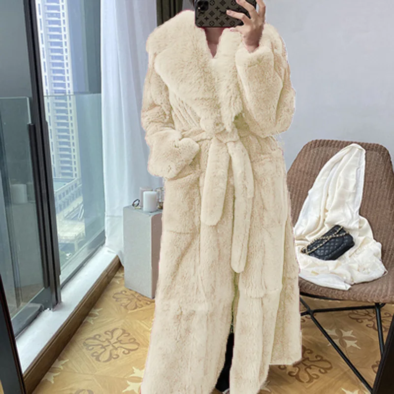 

2023 New Coat Winter Women Thick Warm Belt Faux Fur Jacket Female High Quality Fluffy Rabbit Fur Coat Large Loose Parkas
