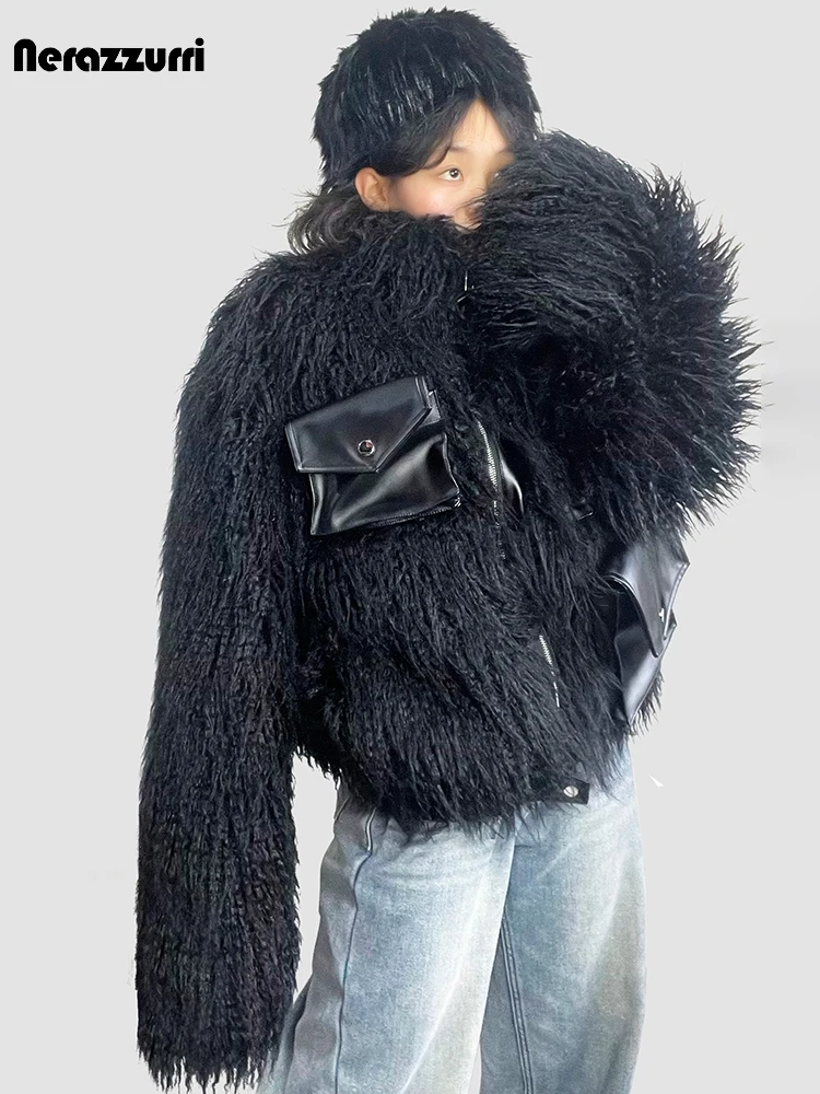 

Nerazzurri Winter Oversized Thick Warm Shaggy Hairy Black Pu Leather Patchwork Faux Fur Coat Women Luxury Fluffy Jacket 2024