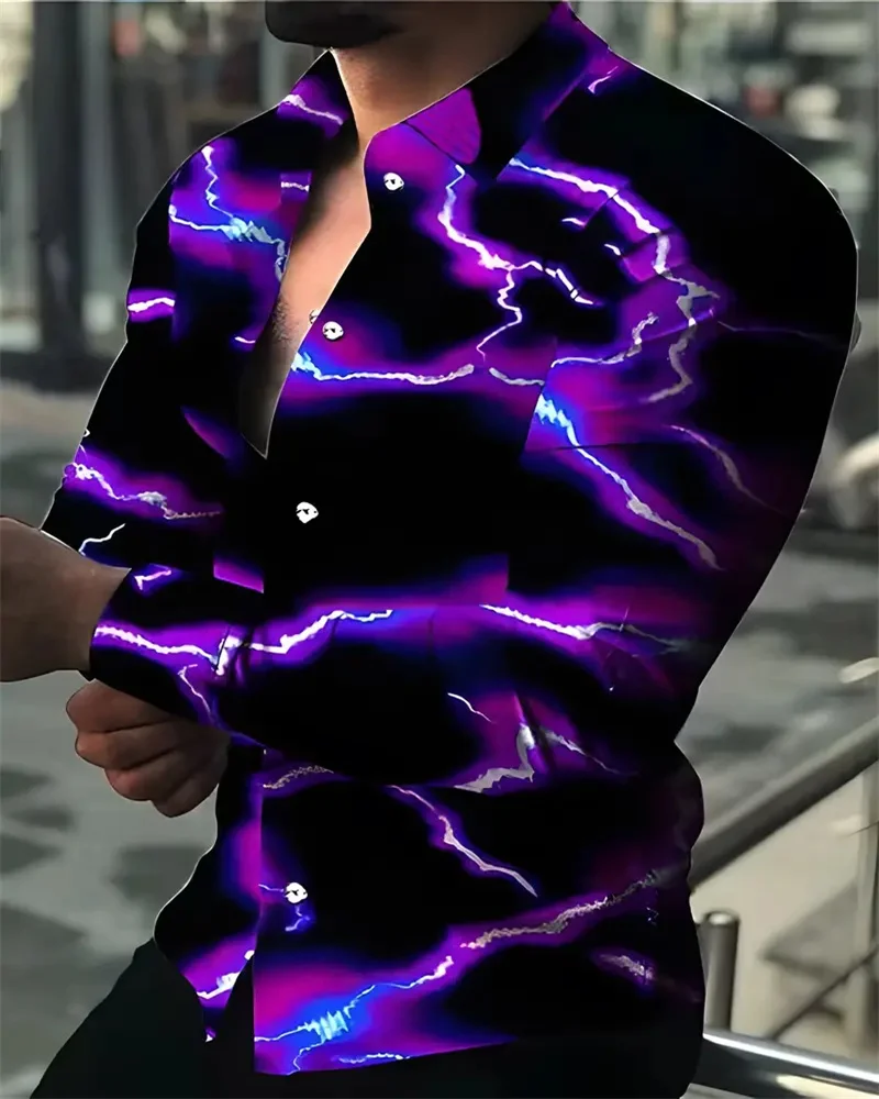 Fashion Men's 3D Purple Lightning Print Men's Casual Button Long Sleeve Shirt, Spring Summer Autumn, Tops S-6XL