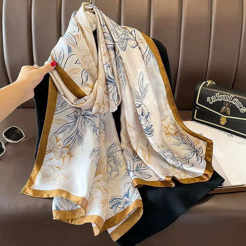 

Women 180X90CM Beach Stoles Luxury Brand Sunscreen Silk Scarves Fashion Print Satin Finish Scarf Four Seasons Soft Long Shawls