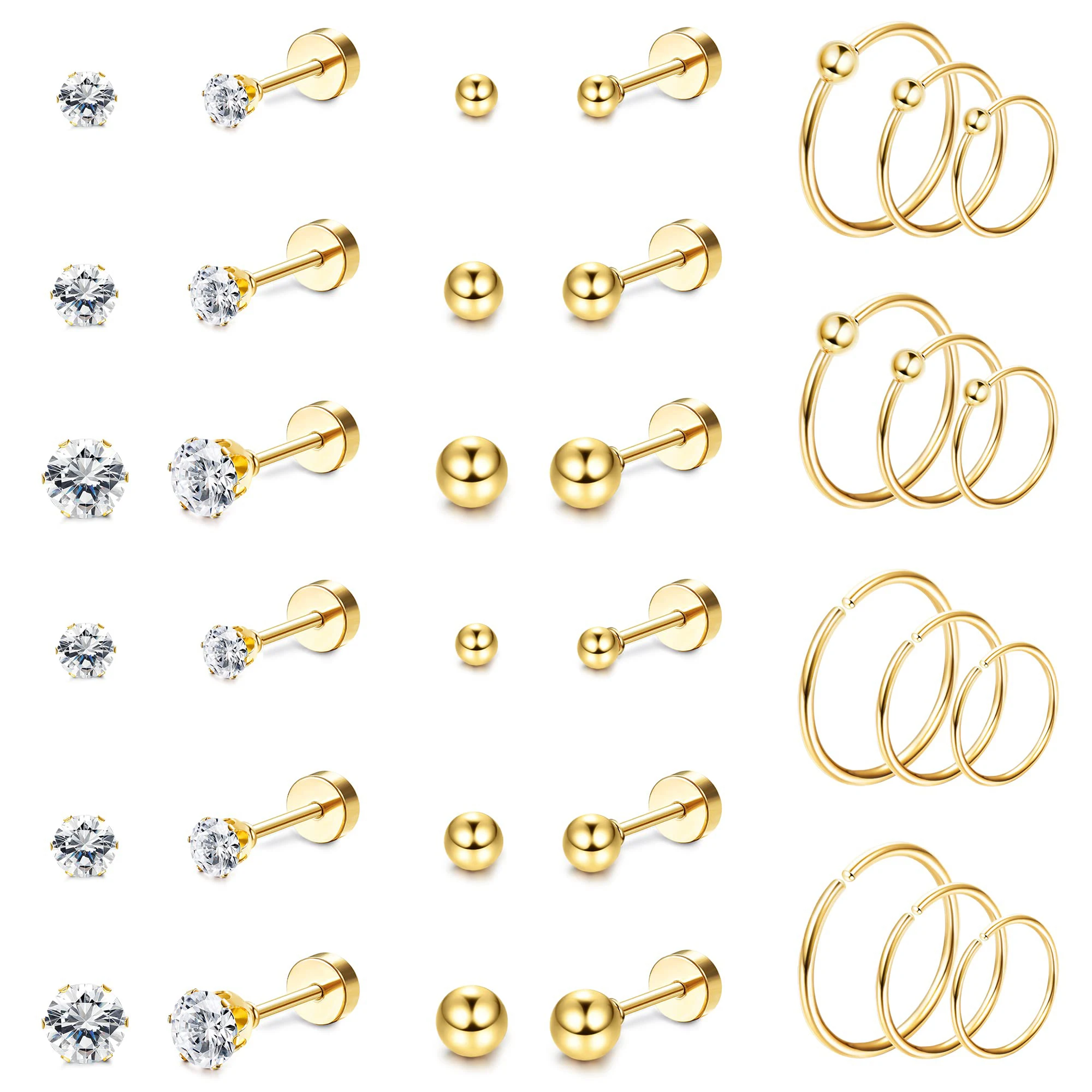 CERSLIMO 3 Paia Orecchini A Sfera In Argento Sterling 925 – 2/3/4mm – Ipoallergenici – Per Cartilagine E Trago – Color Oro, Argento, Rosa