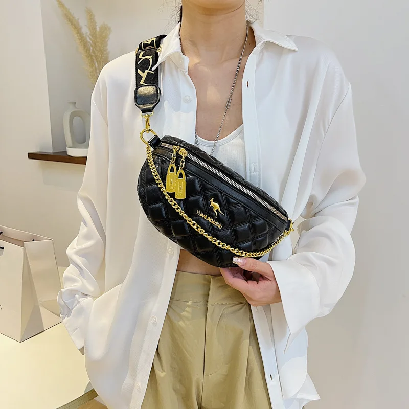 Rhombus Women'S Bag Chain Fanny Pack Ladies Crossbody Chest Bag Waist Packs Ladies Casual Soft Leather Messenger Shoulder Bag