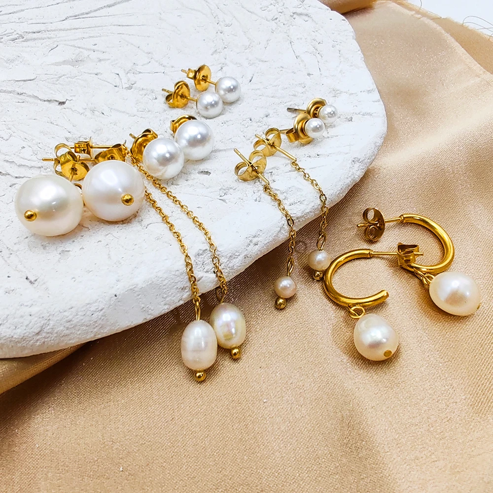 eManco Freshwater Pearl Earrings Stainless Steel Women's Jewelry Chain Drop Pierced Earrings Pearl Jewelry Set Gift drop earrings,dangle earrings,pearl earrings