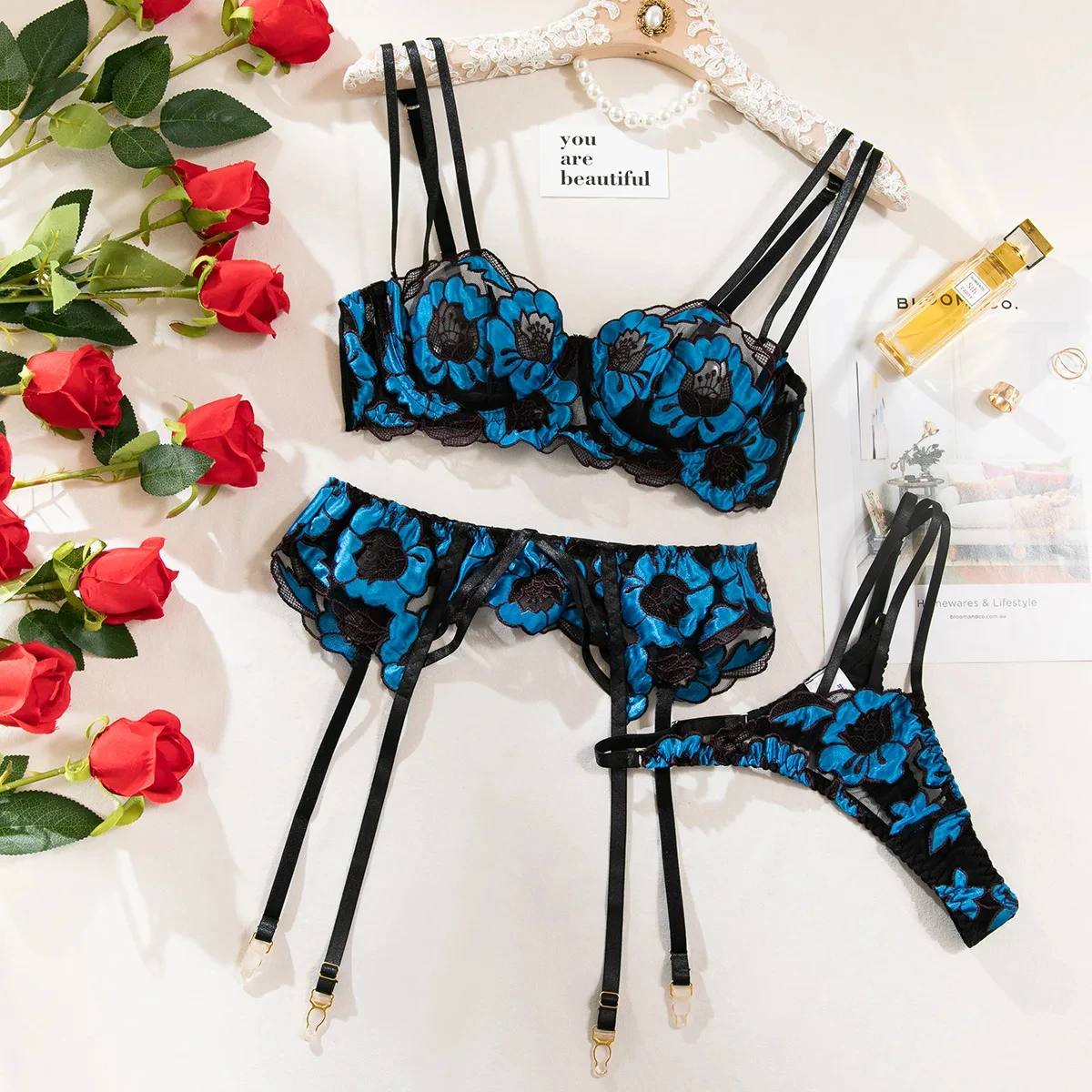 Sissy Sexy Lingerie Sets Exquisite Floral Embroidery 3 Pieces Set Beautiful Erotic Underwear Sheer Mesh Bra Panties Garters Belt