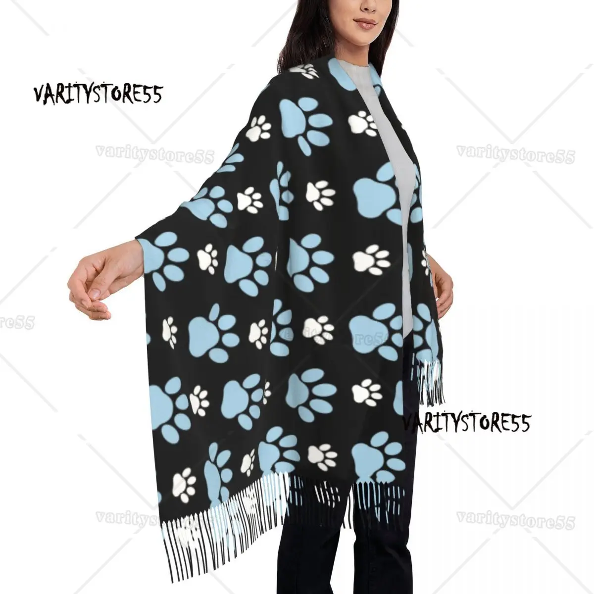 Ladies Long Pattern Of Paws Blue Paw Scarves Women Winter Fall Soft Warm Tassel Shawl Wraps Dog Animal Dogs Scarf