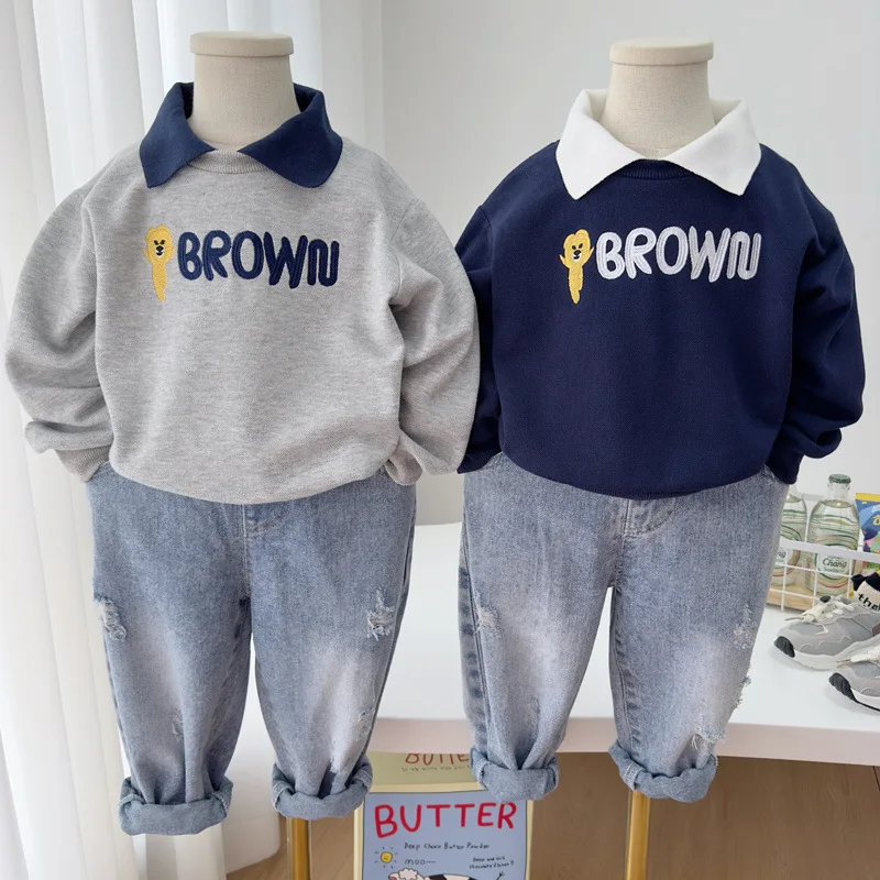 

Winter Warm Boys Embroidery Alphabet Cartoon Fleece Lined Preppy Sweatshirt School Kids Jumper Coat Child Pullover Tops 3-14 Yrs