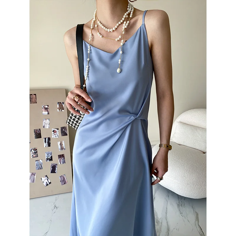 

Women Satin Suspender Dresses Sleeveless Summer French Elegant High-end Design Niche Petite Hottie Dress Camisole Pink Clothing