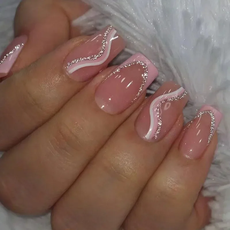 Nail Polish White Stripes with Jelly Sticker Press on False Nails