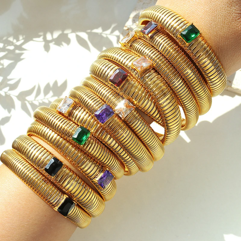 

Punk Titanium Steel Stretch Bangle Bracelet For Women Fashion Luxury Zircon Exotic Ethnic Style Charm Jewelry Gift