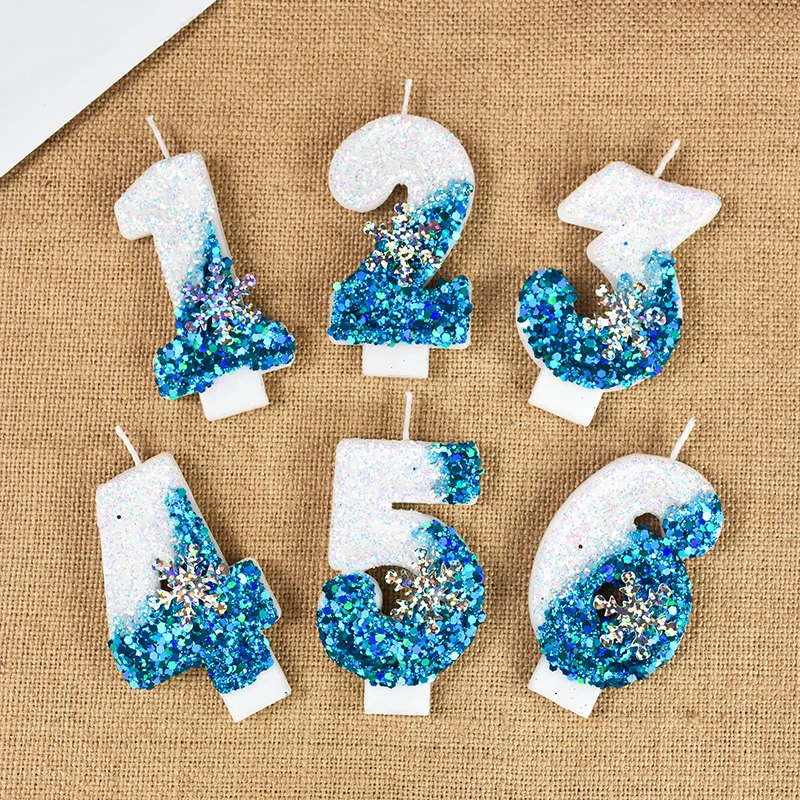 1 Stück Prinzessin Geburtstag 0-9 Zahlenkerze Blaue Schneeflocke Flammenlose gefrorene Kerzen Hochzeit Party Dekoration Geburtstag Dessert Versorgung – Detail 12