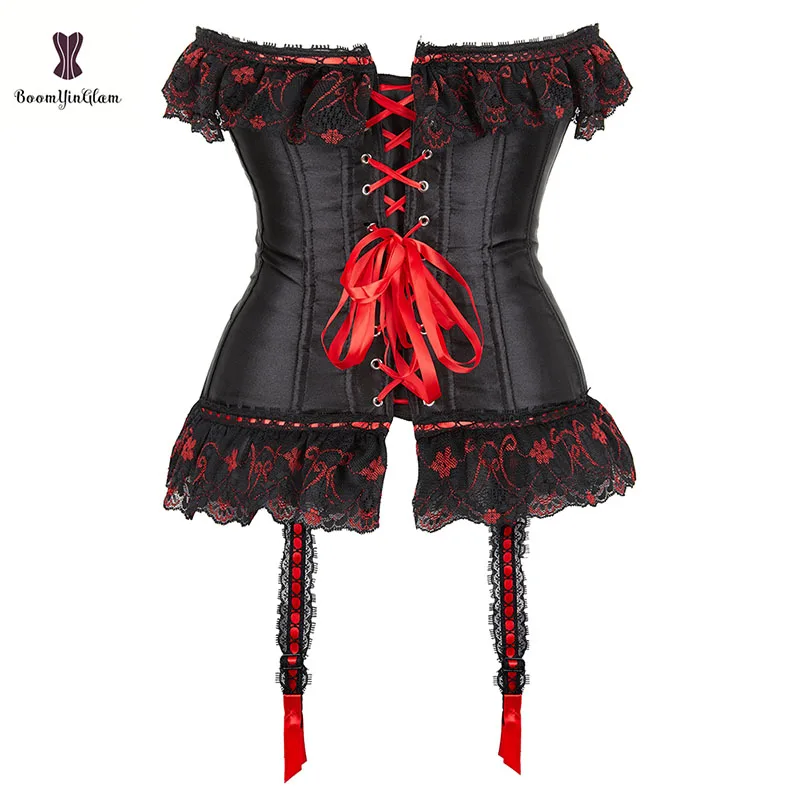 High Quality Plus Size Waist Trainer Satin Women Bustier Bow Decorated Body Shapewear Lace Trim Corset With G String 8069#