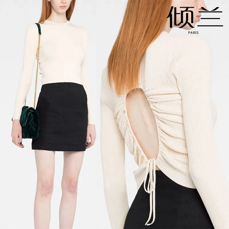 

PATADS French S Family [same style as blogger] Autumn New Women's Open Back Lace up Knitted Top PU01621