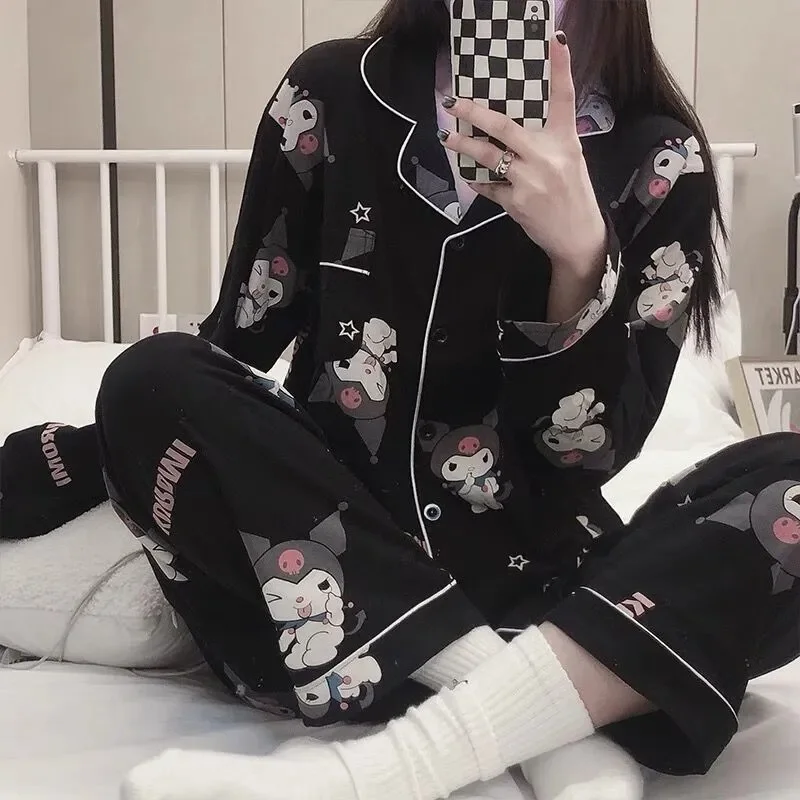 Women Pajamas Set Women Pajama Suit Cotton Pajamas Set Sanrio Cartoon Anime Kuromi Nightwear Women's Autumn Cute Long Sleeve Collar Cardigan Comfortable Home Clothes Set