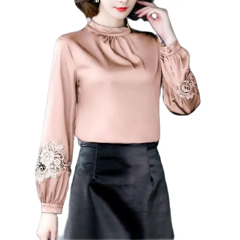 

Camisas Femininas Elegantes Hot Sale Women Tops Imitation Silk Blouse Lace Top Women Shirts Full Sleeve Womens Tops And Blouses