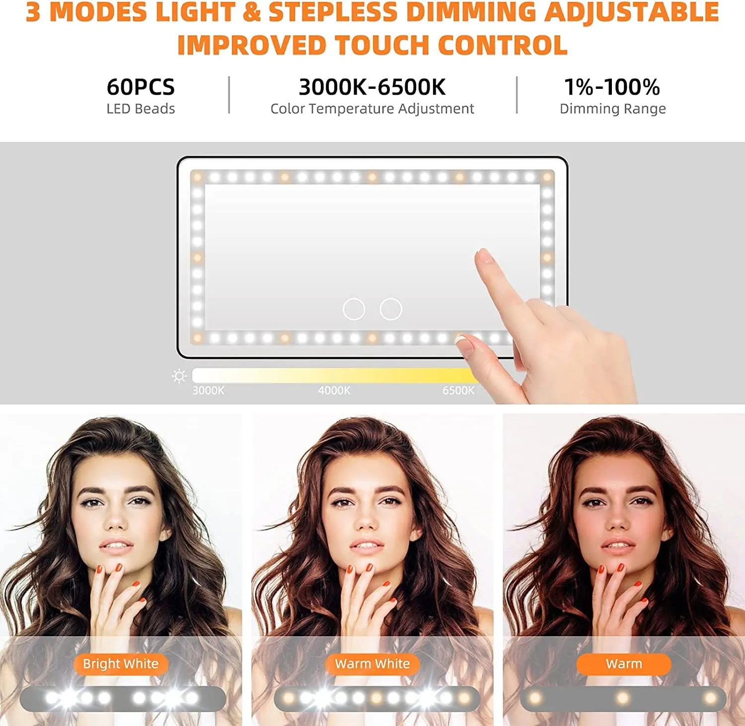Car Sun Visor Vanity Mirror Cosmetic Mirror Rechargeable Makeup Mirror with 3 Light Modes 60 Leds Dimmable Clip-on Rear Wireless